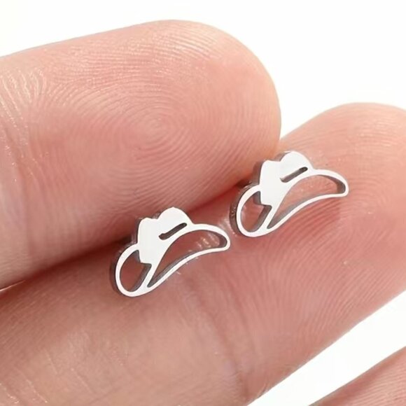 Cowboy Hat Stainless Steel Stud Earrings #809 (Color: Silver) - Picture 4 of 11